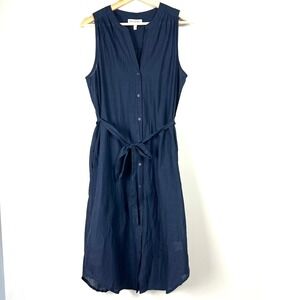 Michael Stars Navy Blue Sleeveless Belted Midi Shirt Dress S‎ Coastal Office